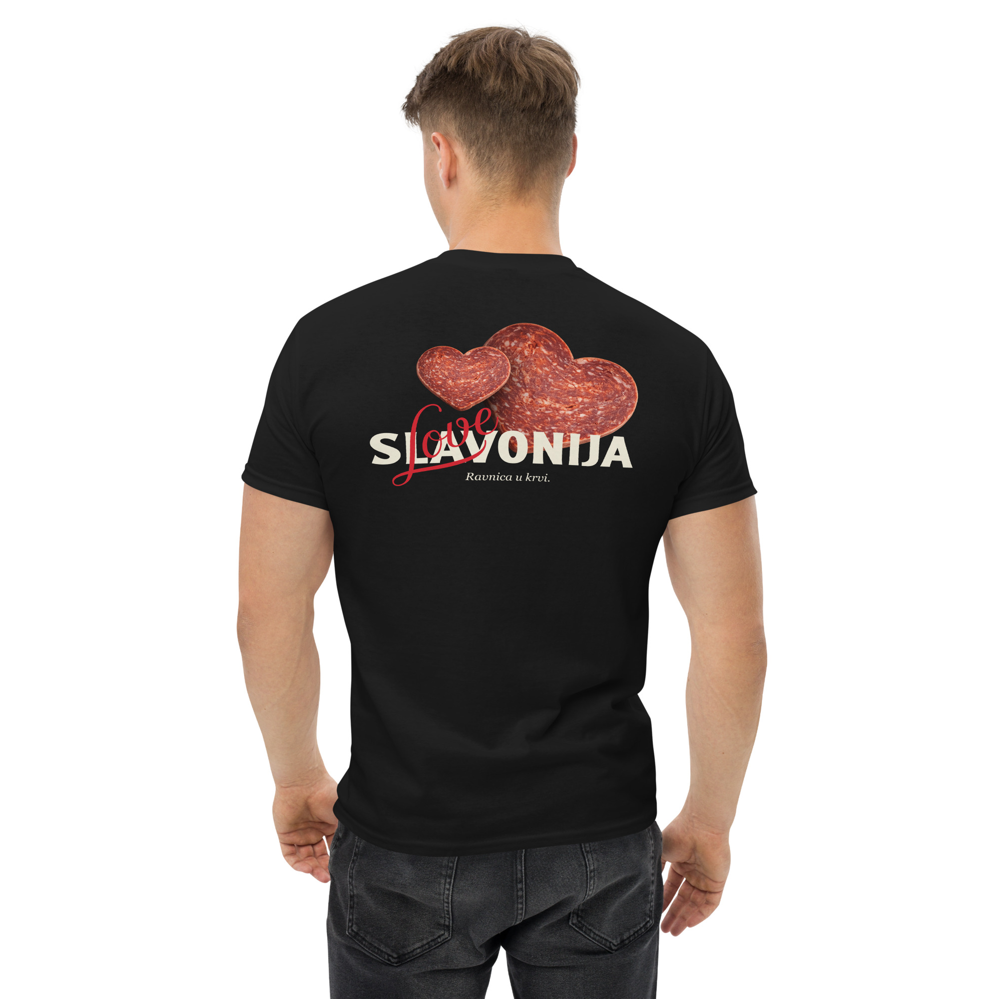 unisex-classic-tee-black-back-69d72c0e7c18b.jpg Majica slavonija muška – stražnja strana na osobi – Crojačnica